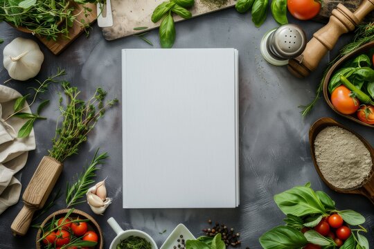 Blank white book cover mockup on a kitchen table surrounded by fresh herbs and food ingredients. AI generative