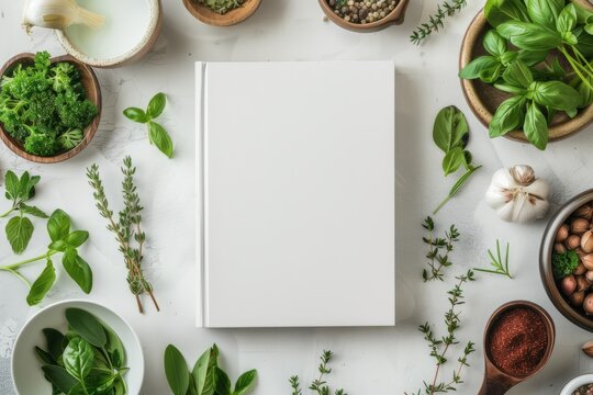 Blank white book cover mockup on a kitchen table surrounded by fresh herbs and food ingredients. AI generative