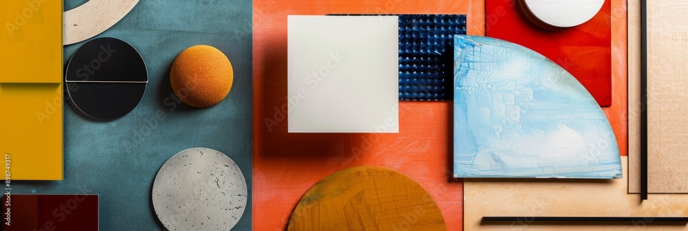 Poster a top-down view of various abstract shapes in different colors and sizes arranged on a flat surface