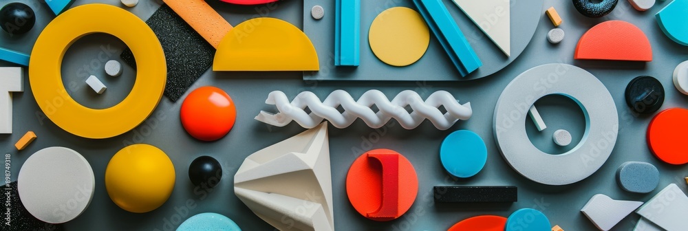 Poster an overhead view of various abstract shapes and colors arranged on a flat surface, creating a visual