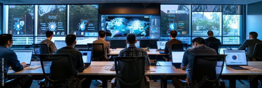 Poster a team of developers work together at their laptops in a modern office space, focused on cloud-based