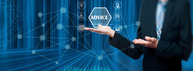 Concept of advice. business advice. A businessman touches a virtual screen's advice icon.