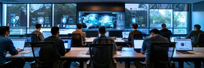 A team of developers work together at their laptops in a modern office space, focused on cloud-based projects while looking at a large screen displaying data visualizations