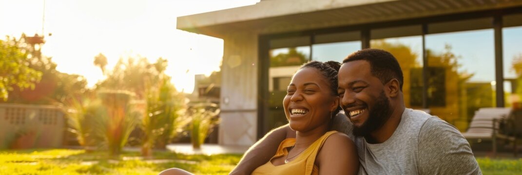 A smiling, multiethnic couple relaxes in the sunshine of their spacious backyard