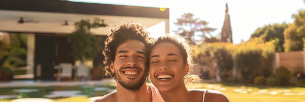 A diverse couple laughs and smiles as they relax in their spacious backyard on a sunny summer day - Powered by Adobe