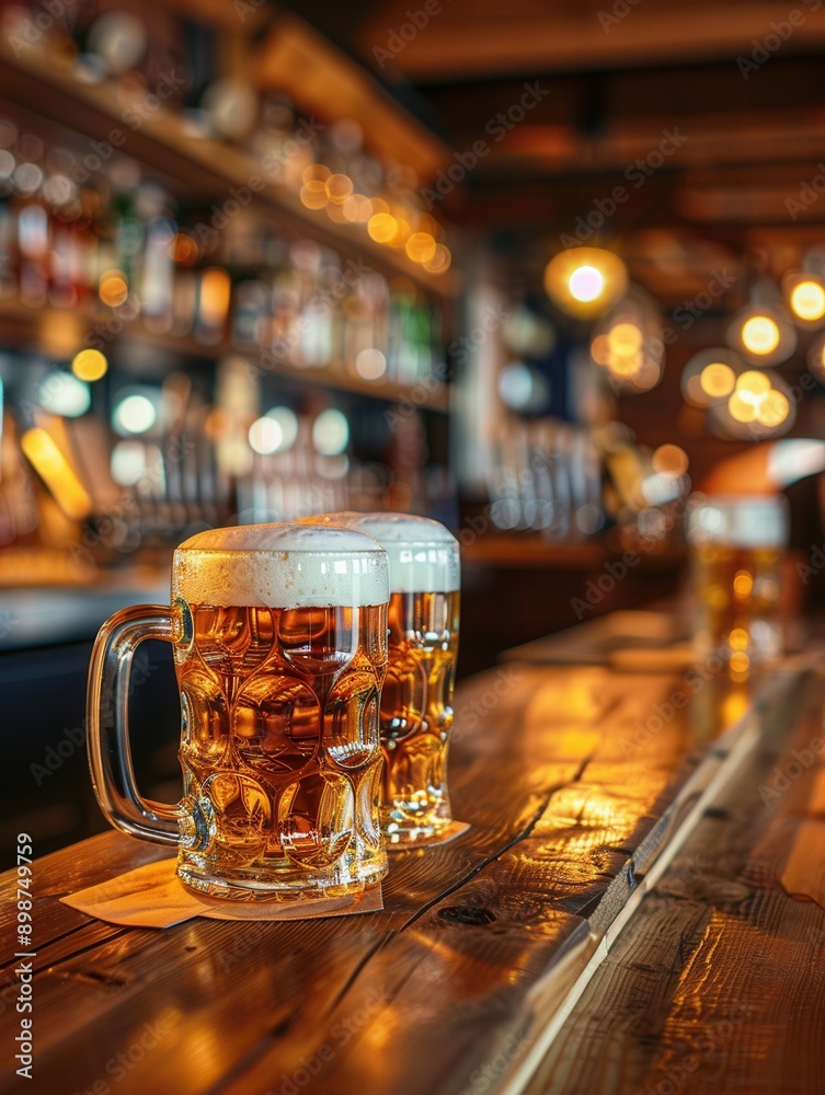 Poster two full beer mugs with foamy tops sit on a wooden bar counter with a blurred background of a pub in