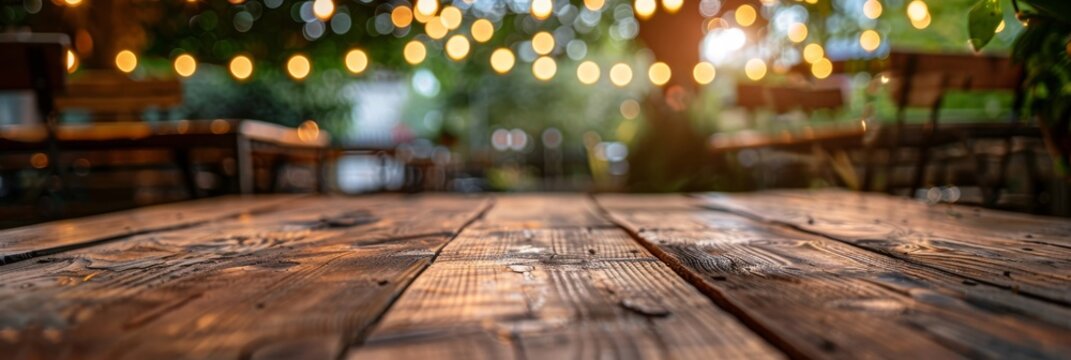 A rustic wooden bar counter with fairy lights strung overhead, a blurred view of an outdoor patio with seating in the background