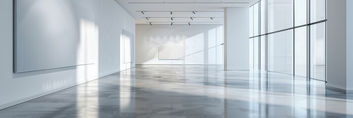 A wide-angle view of a modern art gallery with bright white walls and polished concrete floors reflecting natural light