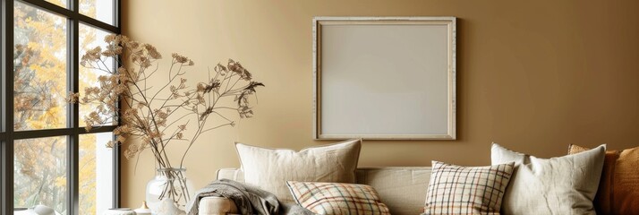 A wideangle view of a cozy living room with a fabric sofa featuring decorative pillows and a large empty frame on the wall