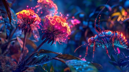 Obraz premium Colorful alien insects crawling on glowing plants, focus on biodiversity,