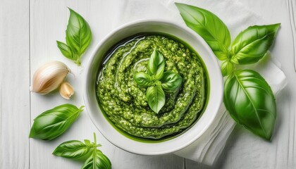 Pesto in bowl on wooden white table
