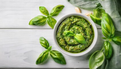 Pesto in bowl on wooden white table
