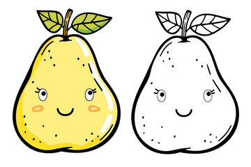 Cartoon fruits, funny drawn pear with contour lines isolated on a transparent background. Simple Fruits Clip Art, Printable pear Coloring Page. Simple coloring book for children.