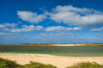 Fototapeta premium The remote, shallow and coral filled lagoon at Point Quobba, Carnarvon, Western Australia, is ideal for snorkeling 
