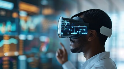 Immersed in Virtual Cybersecurity: Man in VR Headset Interacting with Data Security Holograms