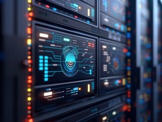 Secure Server Room with Futuristic Encryption Technology and Data Security Overlay