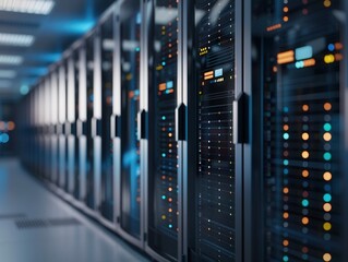 Futuristic Secure Server Room with Biometric Access Control and Vibrant Biometric Scanner Backdrop