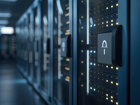 Secure Server Room: Futuristic Data Security with Advanced Encryption Technology Backdrop