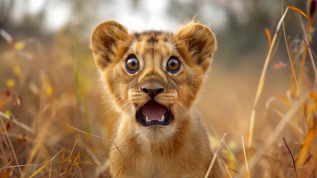 Lion cub roaring with shocked and amazed expression