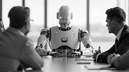 Contemporary Management Team Analyzing Ethical Dilemmas with Robotic Precision in Monochrome Setting