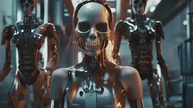 Three terrifying female killer cyborgs or androids with skull heads. Futuristic spaceship or lab interior. Horror sci-fi cinematic footage. 