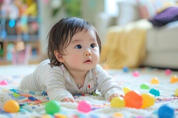 Waist up photo of Asian child playing in living room