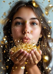 Young woman blowing golden glitter from hands. Studio portrait. Celebration and glamour concept. Design for poster, banner, greeting card.