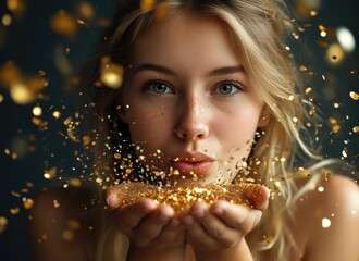 Young woman blowing golden glitter from hands. Studio portrait. Celebration and glamour concept. Design for poster, banner, greeting card.