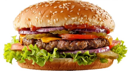Juicy cheeseburger with fresh lettuce, tomato, pickles, onions, and ketchup on a sesame seed bun.