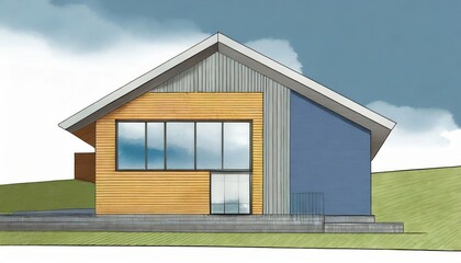 Residential prefab design with sloped roof and wooden facade. The concept of a cozy modular hygge-house, building and architecture. Real estate in scandinavian style with large glass windows.