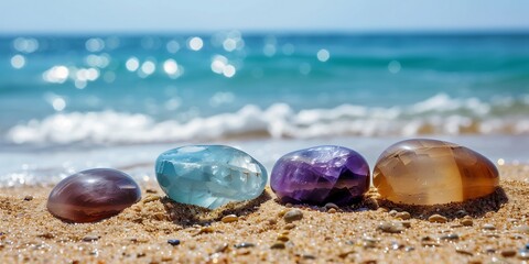 Close-up of Colorful Polished Pebbles on Sandy Beach with Turquoise Ocean in Background, generative AI.
