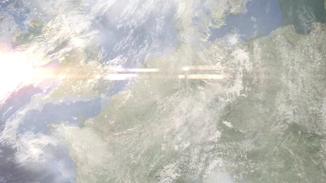 Earth zoom in from space and focus on Velbert, Germany. Background for travel intro or blog. Satellite view. 3D style Animation. Images from NASA.