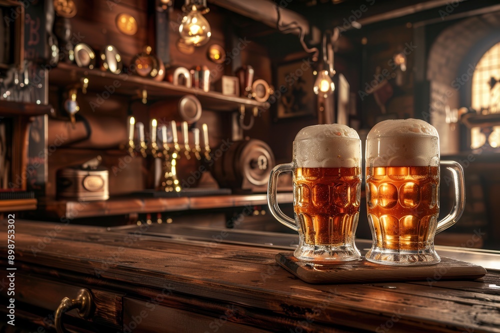 Poster Two mugs of beer with foam sit on a wooden bar counter in a traditional pub setting. Generative AI