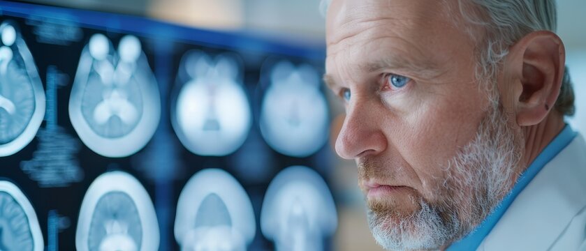  A man with gray hair and beard studies MRI scans on the wall-mounted display