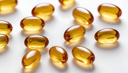 Omega-3 fish oil softgel capsules resting on a pure white surface