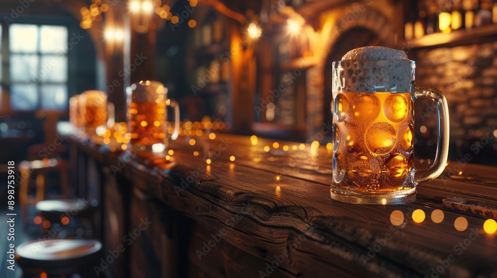 Aufkleber A mug of beer sits on a wooden bar counter, illuminated by warm string lights. Other mugs and bar stools are visible in the background. Generative AI
