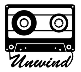 Audio cassette tape vector. Flat black icon. Tape spells unwind.