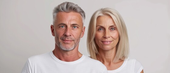  A man and a woman pose side by side against a pristine white backdrop The woman's head slightly obstructs the man's face