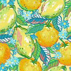Vector hand drawn vibrant fruits seamless pattern. Illustrations of bright citrus fruits, oranges, flowers and lemons
