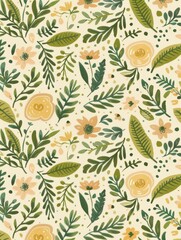 A painting of a flowery pattern with green leaves and yellow flowers