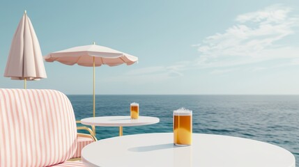 A charming seaside cafe with outdoor seating, colorful umbrellas, and ocean views