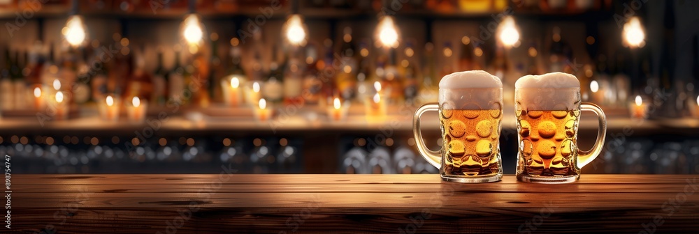 Poster two full glasses of beer sit on a wooden bar counter in a dimly lit pub. generative ai