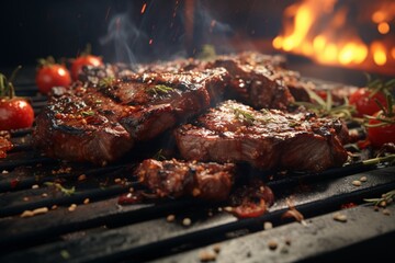 Grilled meat, appetizing look, hot seasoning: spices: cinematic: realistic: hyperrealism: close up