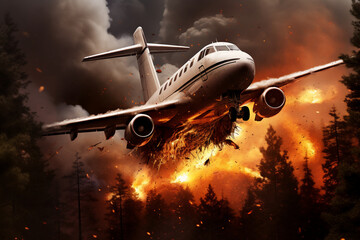 An private jet crashing in a forest with fire smoke and explosions visible behind the airplane a front view 