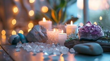 Serene Crystal and Candle Arrangement with Soft Ambient Lighting
