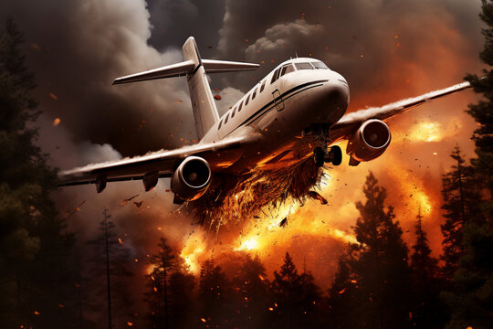 An private jet crashing in a forest with fire smoke and explosions visible behind the airplane a front view 