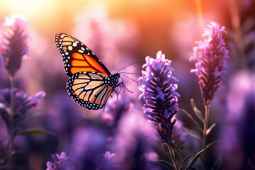 A macro shot with shallow depth of field of a monarch butterfly which is sitting on a blooming flowerwith a background of typical flowers such as lavender a summer background with bokeh and a sunset l