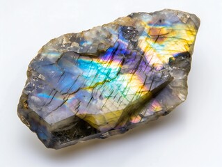 Fototapeta premium Labradorite Gemstone with Iridescent Colors on White Background