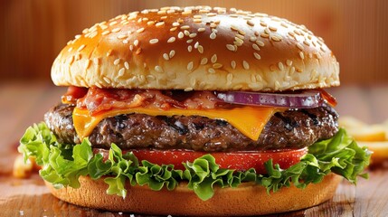 Three views of a hamburger: on a plate, on a table, and on a wooden table