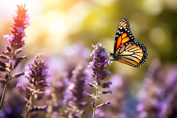 Obraz premium A medium shot with a soft focus of a monarch butterfly which is sitting on a blooming flowerwith a background of typical flowers such as lavender a summer background with bokeh and a mid-day soft ligh